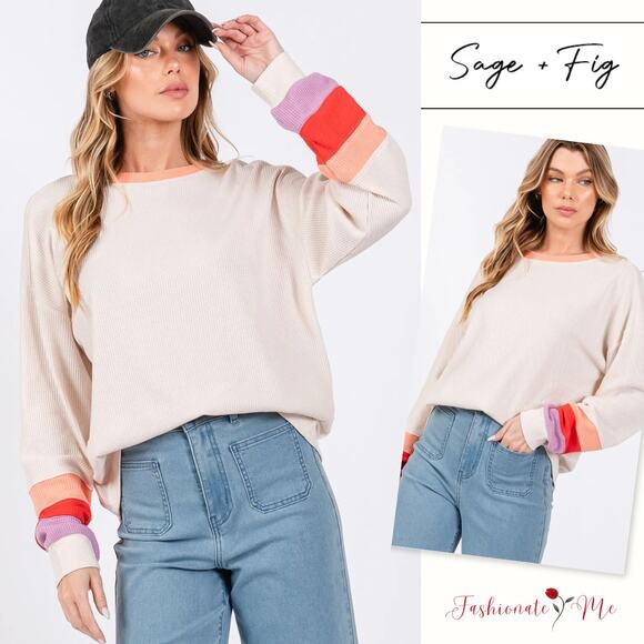 SAGE + FIG Color Block Raglan Sleeves Crew Neckline Waffle Knit T-Shirt | Sand - Picture 1 of 6